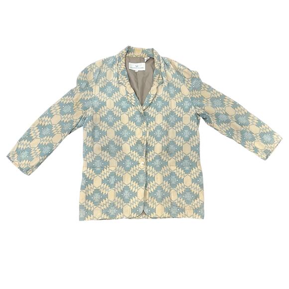 Vintage Jackets & Blazers - Vintage 80s Alfred Sung 100% Silk Aztec Tan Sage Green Boxy Blazer Size L *GOOD*
